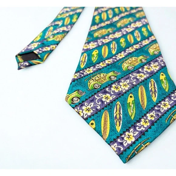 Vintage Hawaii Surf Tie 100% Silk Surf Board Vintage Car FUN RETRO Blue/Green - Picture 4 of 5